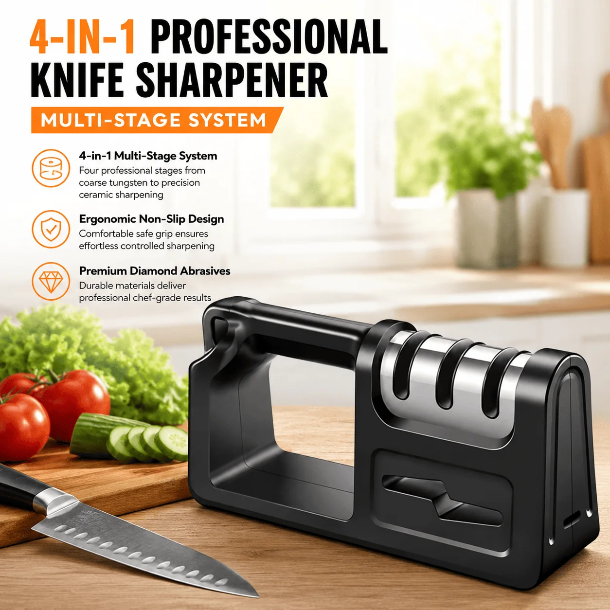 Knife Sharpener 4 Stage Professional Kitchen Sharpening Tool Premium Diamond Manual Sharpener System For Chef Scissors Tungsten Ceramic Abrasive Rod Non Slip Ergonomic Design Multi Functional Blade Repair Cost Effective Home Outdoor Cooking Versatile Use