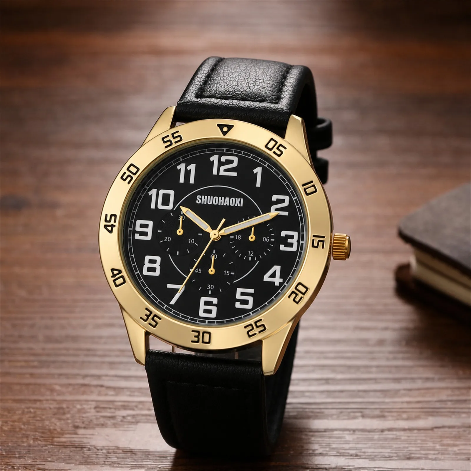 Men's Analog Quartz Watch 3 Sub Dials Large Numerals Luminous Hands Date Leather Band Classic Business Casual Wrist Watch