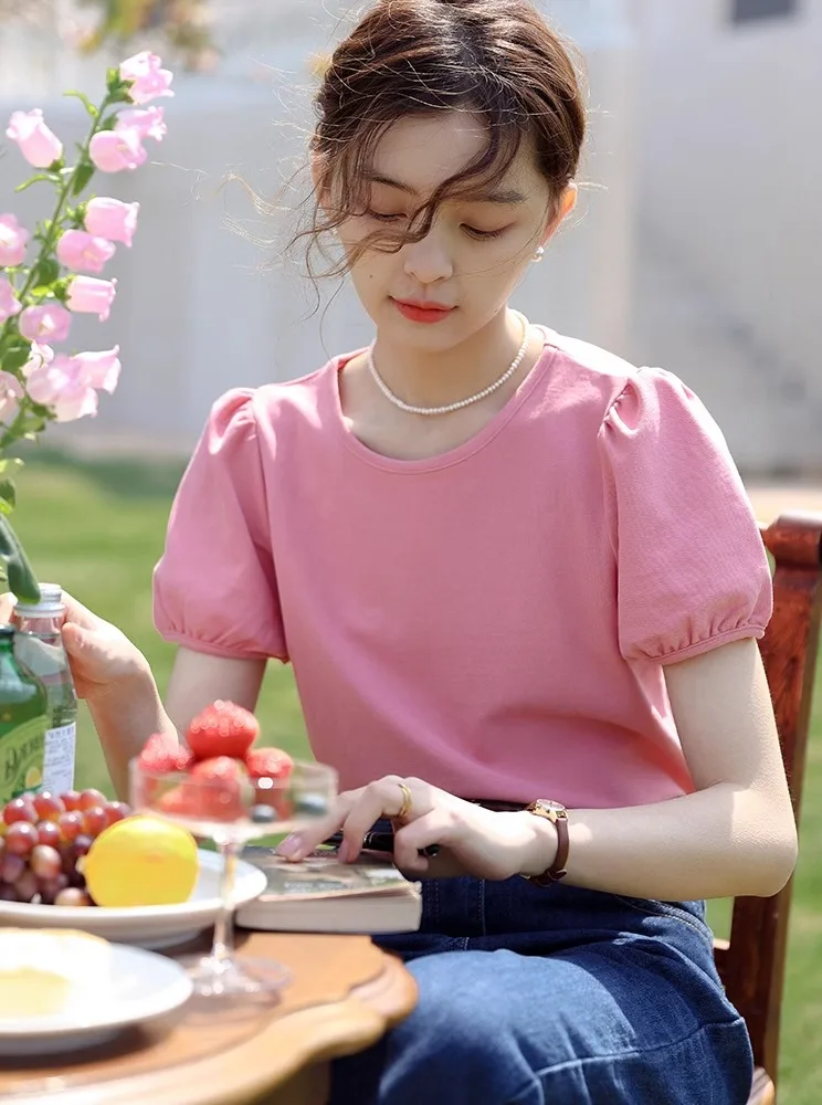Sweet Pink Bubble Sleeve Short Sleeve Shirt T-Shirt Women Summer Unique Design Small Audience Shirt Thin Upper Body