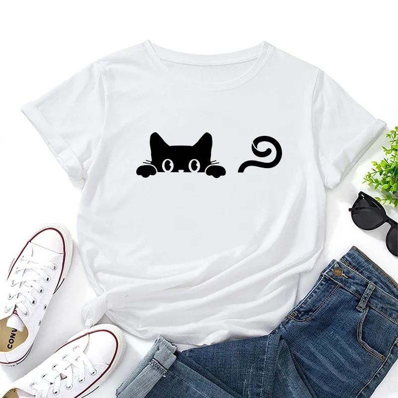 2025 mais popular feminino bonito gato camiseta de alta qualidade em torno do pescoço camisetas menina diariamente casual moda t