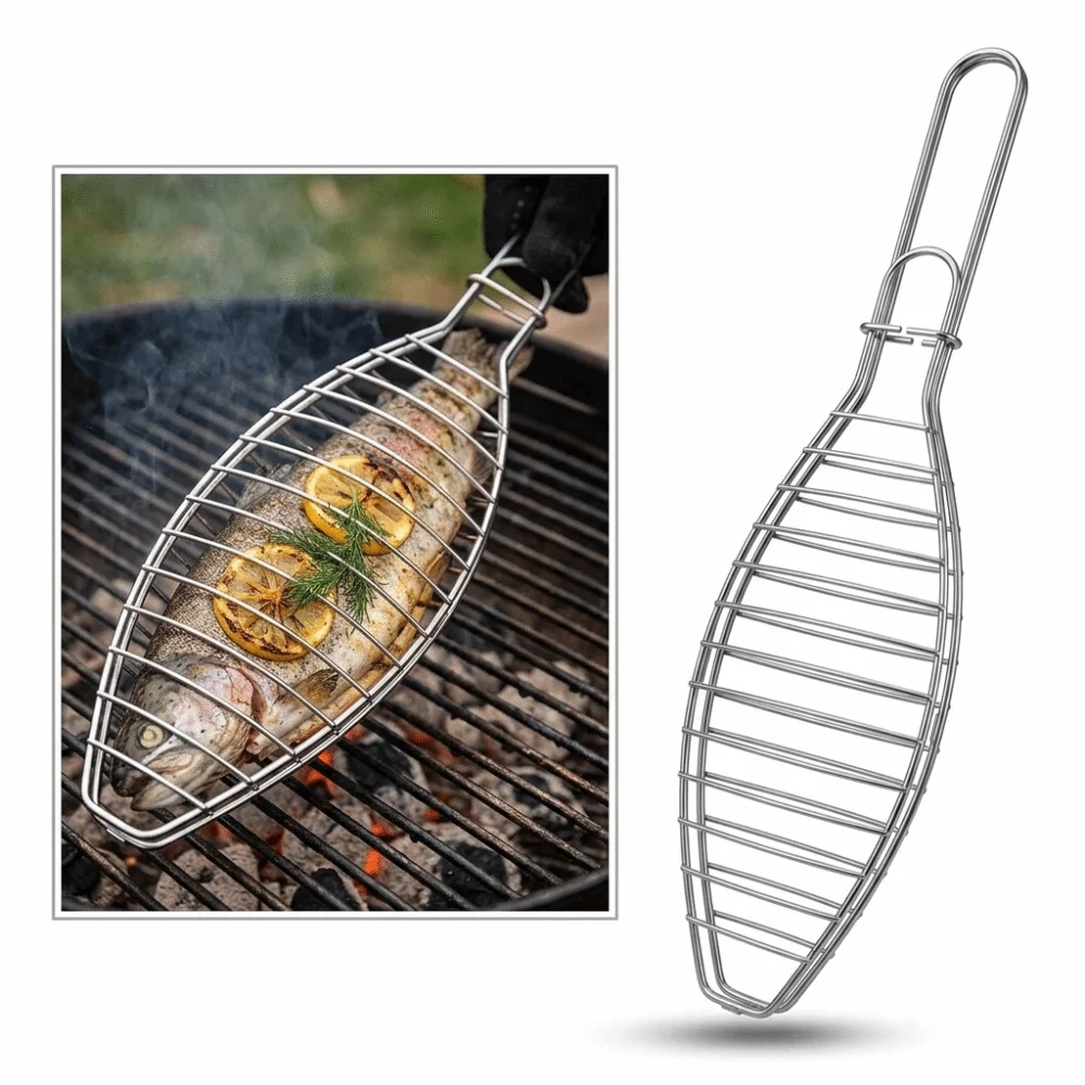 Fish-Shaped Iron Fish Grill Rack Wire Grid 42cm BBQ Grill Clip Long Handle Sliding Lock Fish Grill Basket Whole Fish Grilling