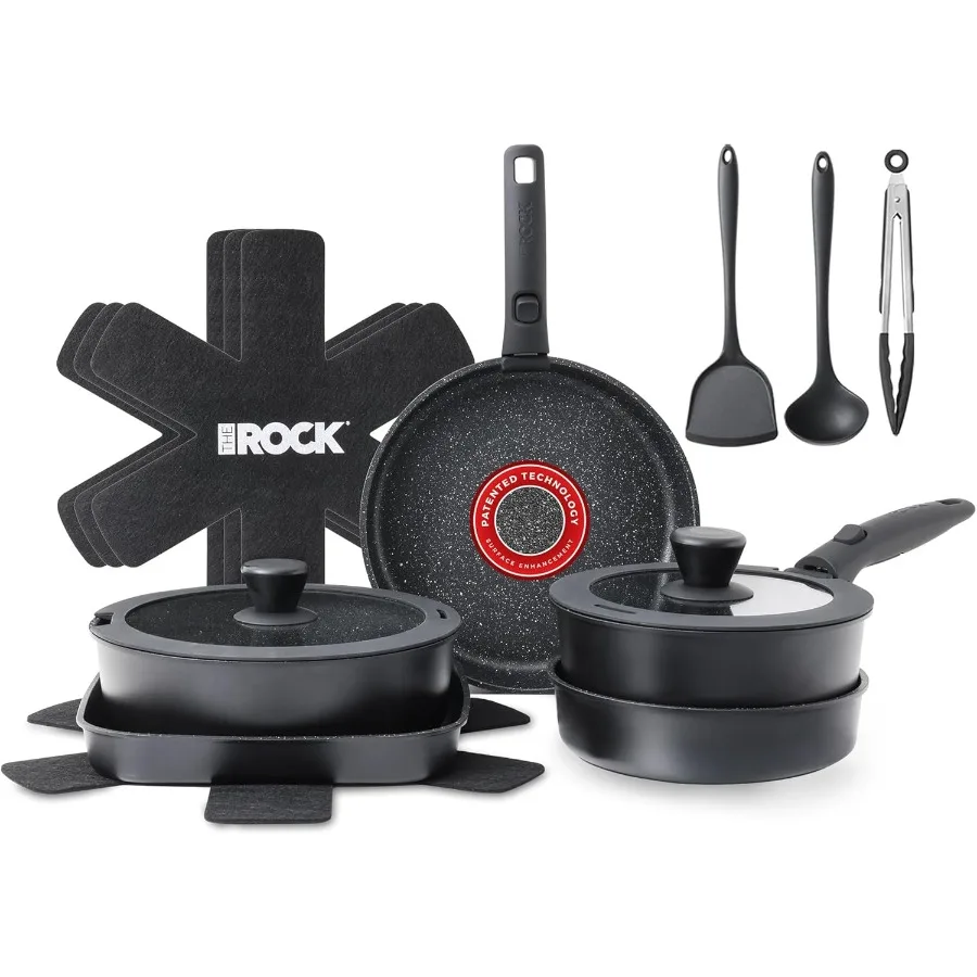 

SMART SPACE 16pc Nonstick Pots and Pans Set with ROCK.TEC Stackable Design for Efficient Kitchen Storage Detachable Handles for