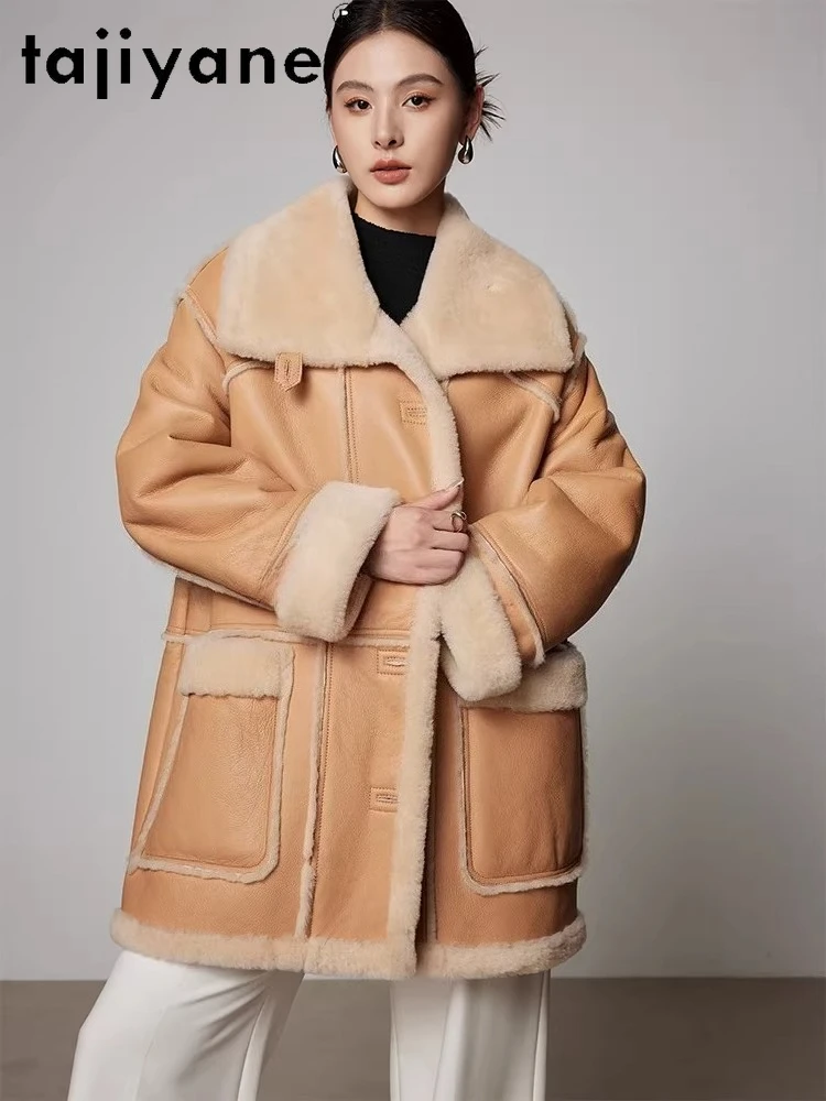 TAJIYANE جلد الغنم ميرينو الطبيعي مع الصوف المرفقة سترة المرأة قسط منتصف طول معطف الفرو 2025 ملابس الشتاء امرأة fourrure