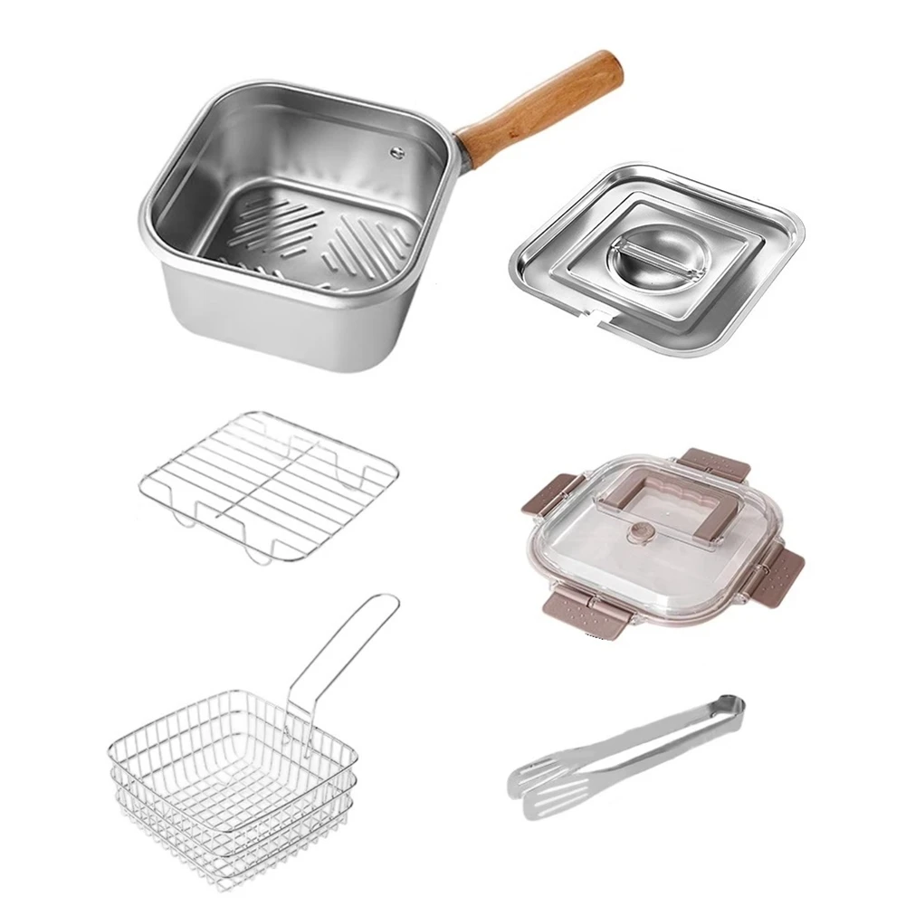 Stainless Steel Frying Pan Oil Saving Square Deep Fryer Pot With Basket Handle Versatile Deep Fryer With Lid For Kitchen