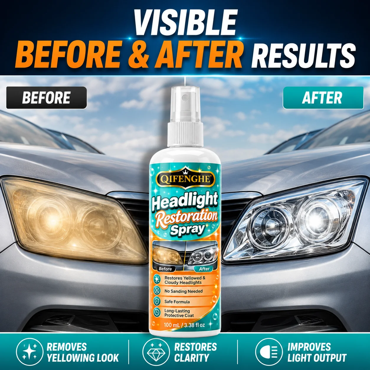 Car Headlight Repair Spray - Powerful Oxidation & Yellowing Remover, Restores Clarity, Safer Night Driving, Penetrating Formula