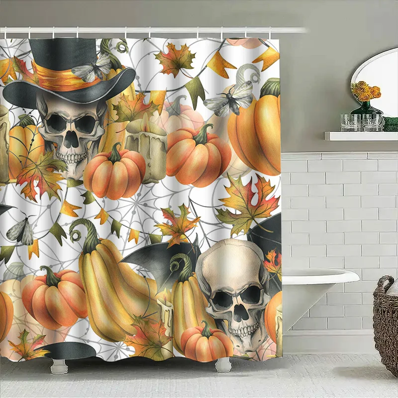 

Tuniu Spooky Skull Pumpkin Halloween Shower Curtain Gothic Skull with Falling Leaves Pattern Decorative Bathroom Curtain