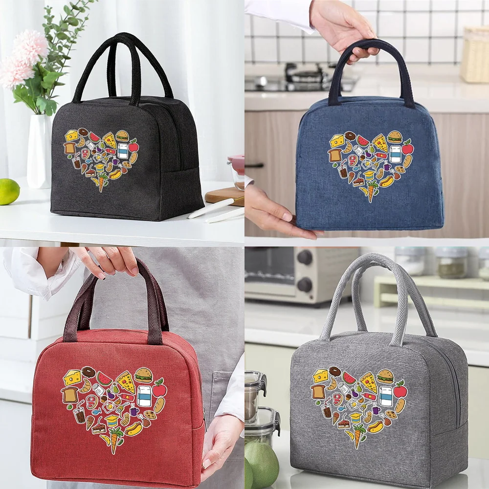 

Canvas Insulated Lunch Bag for Women Large Handbags Picnics Office Nurse Kids Global Food Love Printing Organizer Storage Bags