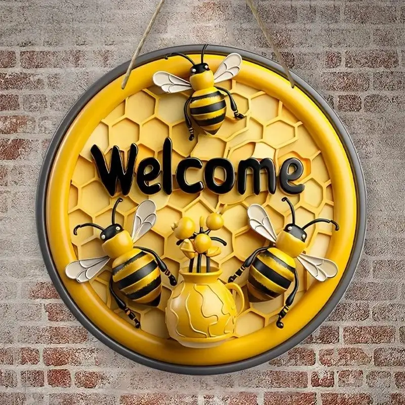 Cute Bee Welcome Pattern Decoration Sign Bee Room Breeding Dessert Shop Living Room Bedroom Door Creative Decoration Sign