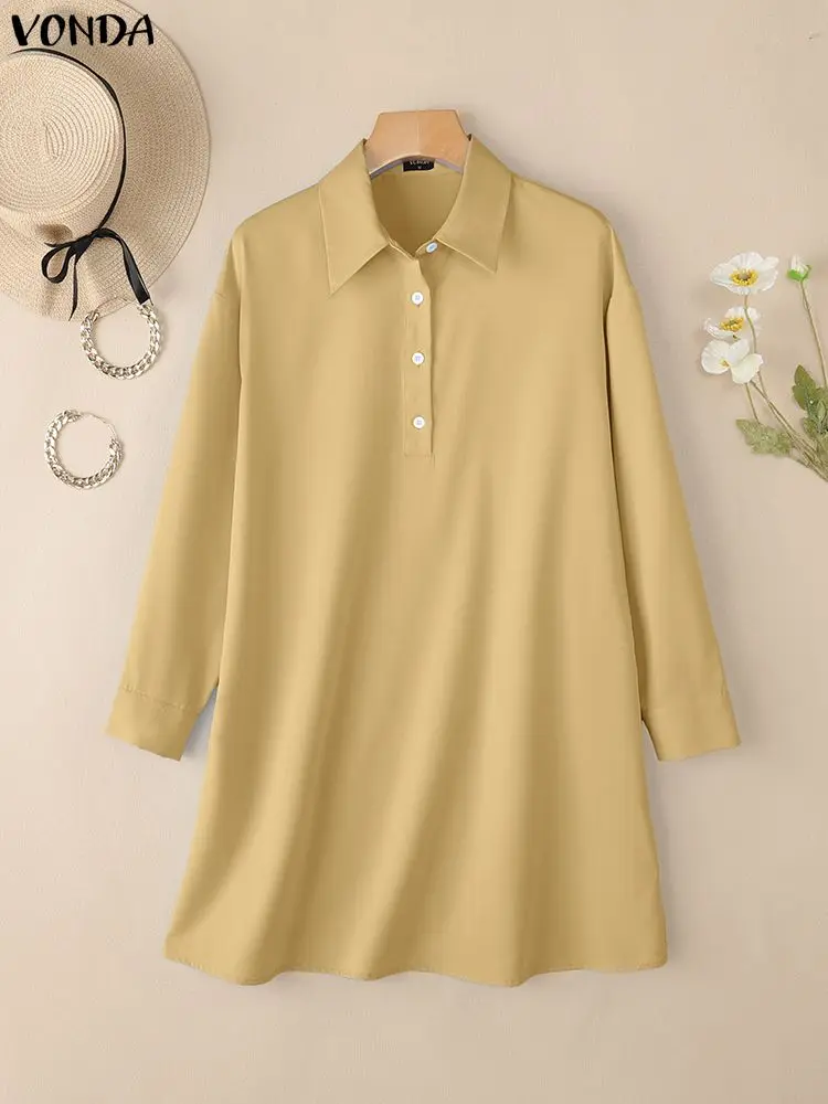 

VONDA Plus Size 5XL Women Mini Dresses 2025 Sexy Long Sleeve Lapel Casual Shirt Vestidos Fashion Solid Color Short Sundress Robe