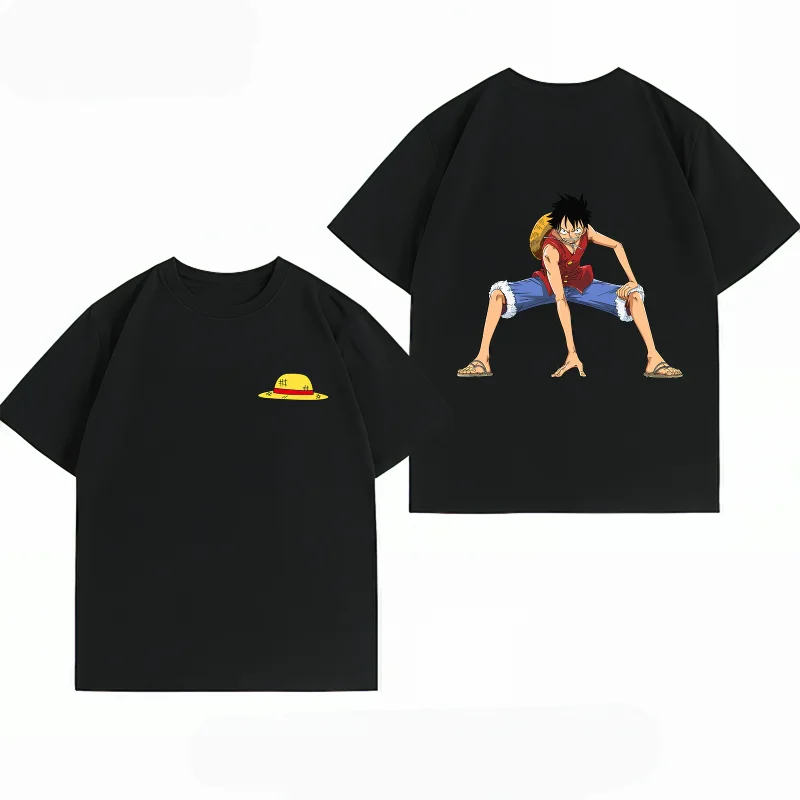Bandai One Piece Luffy Battle Stance Print T-shirt Casual Short Sleeve Cotton Anime Streetwear Men's T-shirt