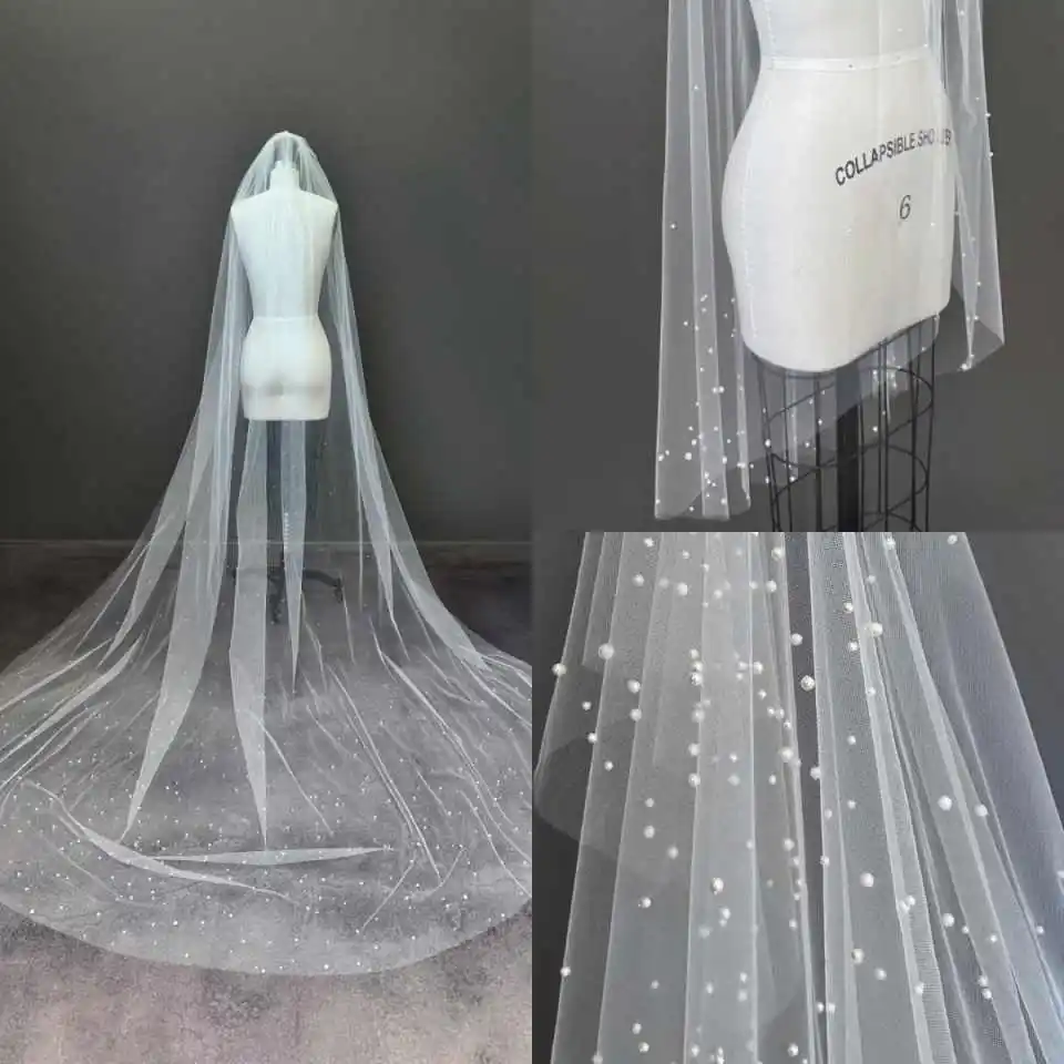

Luxury Beaded Wedding Veil Pearls Cathedral Length One Layer Bridal Veils Cut Edge For Bride Velo De Cabeza Customized