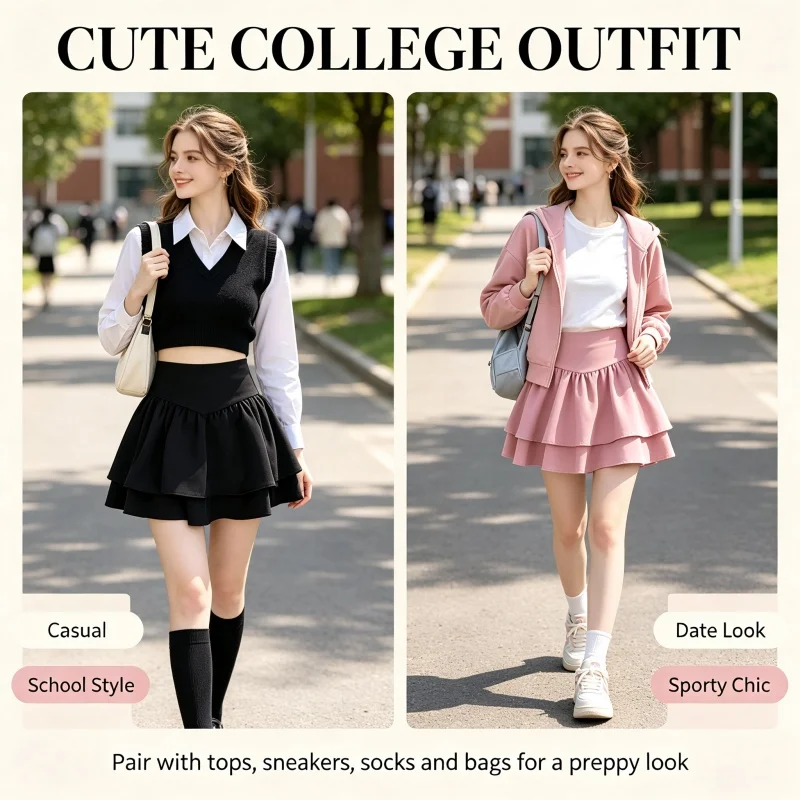 Handmade Black Arc Waistline Slimming Short Skirt High Waist A-Line Polyester Fiber Daily Wear Japanese Style Student Girl