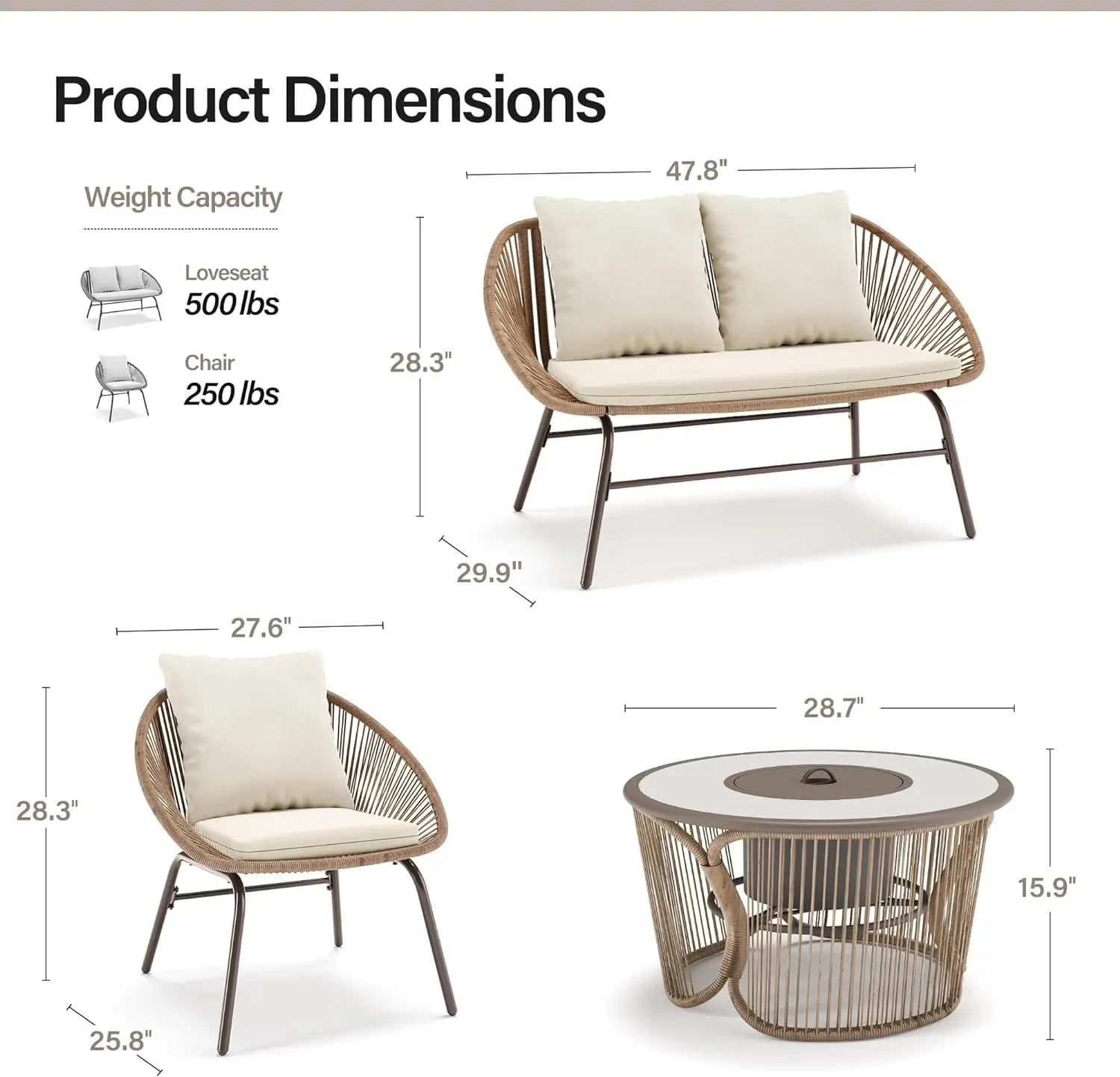 Outdoor Rope Móveis Tecidos Conjunto com Mesa e Balde de Gelo e Mesa de Café, Bohemian Confortável Conversa Set, 4 pcs