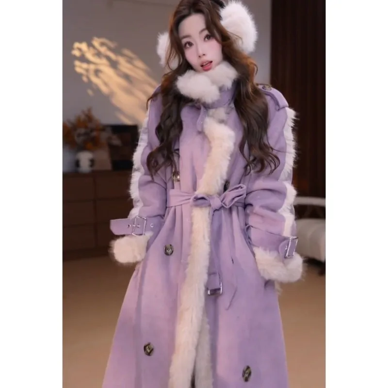 겨울 신상 기품 있는 스탠드 칼라 스웨이드 퍼 일체형 코트 2026 여성용 중장기 두꺼운 따뜻한 인조 퍼 코트