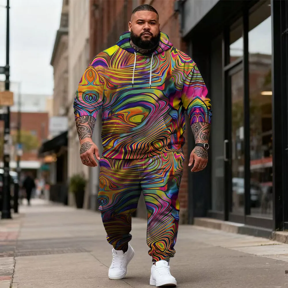 

S-9xl plus size Texture & Plaid-Themed Men's Hoodie Set - 2-Piece Casual Wear for Big & Tall Guys,