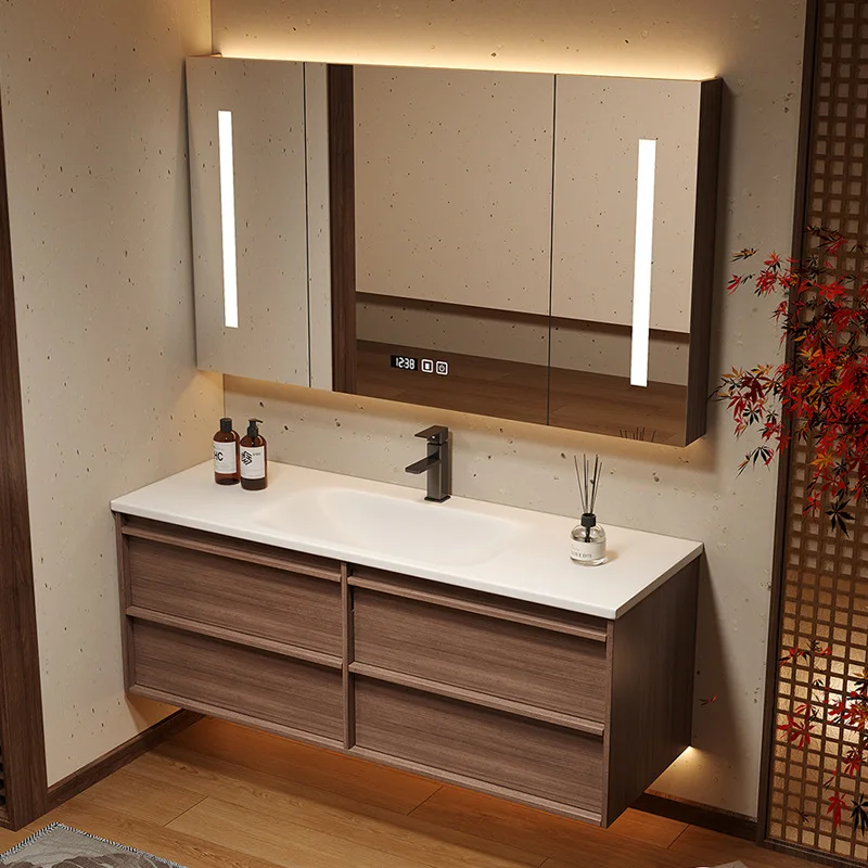 

New Chinese walnut ceramic integrated basin bathroom cabinet bathroom bone line washbasin washbasin cabinet