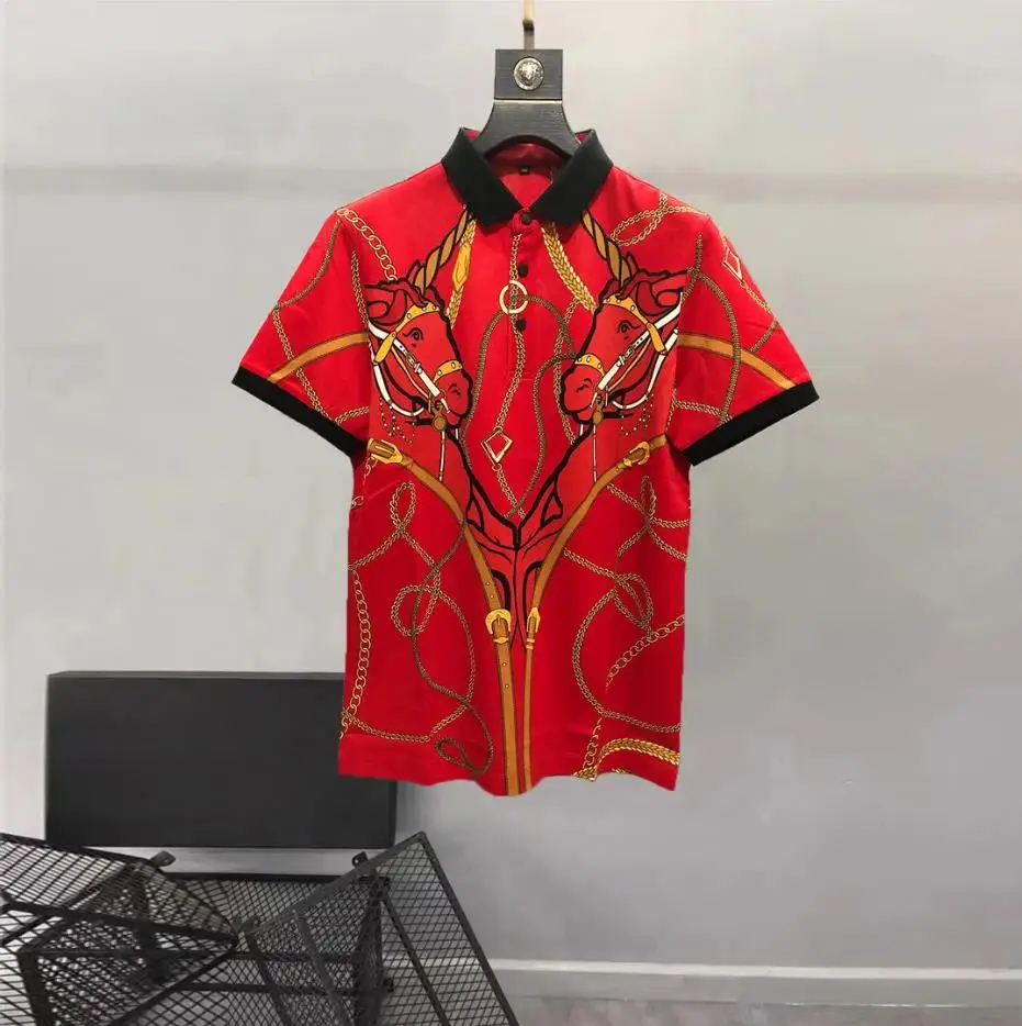 European and American men\'s wear summer 2022 new Short sleeve lapel red chain horse print Fashion cotton T-shirt