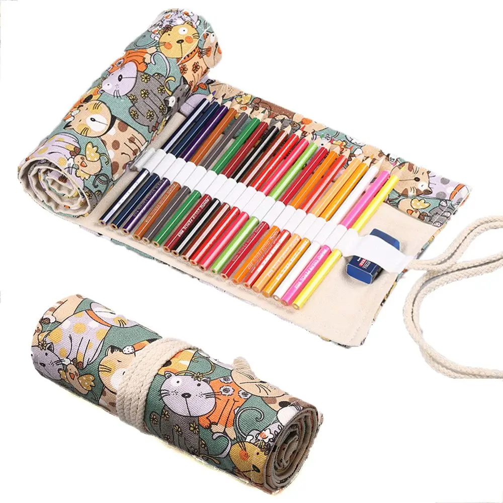 

Boys Girls 12/24/36/48/72 Holes Roll School Supplies Cute Cat Canvas Pencil Bags Stationery Pouch Pencil Case Pen Bag