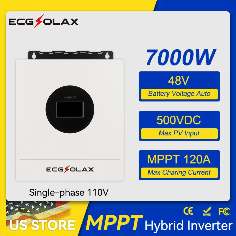 ECGSOLAX 7KW Hybrid Solar Inverter 48V 110V Single-Phase Hybrid Inverter With MPPT 120A Solar Charger Built-in WIFI Max PV 500V