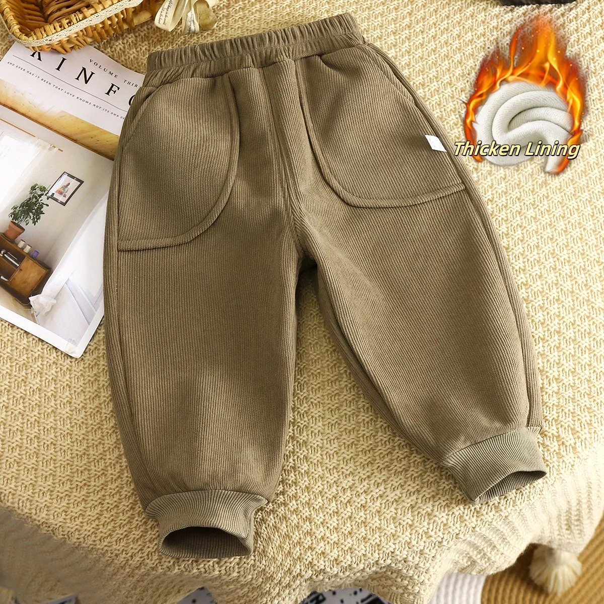 Winter Kids Thicken Corduroy Pants Fleece-Lined Toddler Joggers with Pockets 1-9Y Boys Girls Warm Clothes