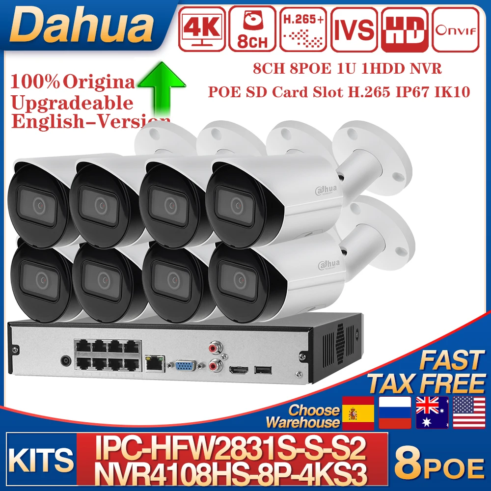 Original Dahua 4K 8MP IPC-HFW2831S-S-S2 IP Camera 8 Channel Compact 1U 1HDD 8PoENVR4108HS-8P-4KS3 Network Video Recorder Kits