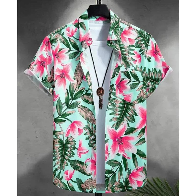 Flower Plants Pattern Hawaiian Shirt For Men Animal Flamingo 3D Printed Beach Shirts Oversize Loose Short Sleeve Aloha Shirts