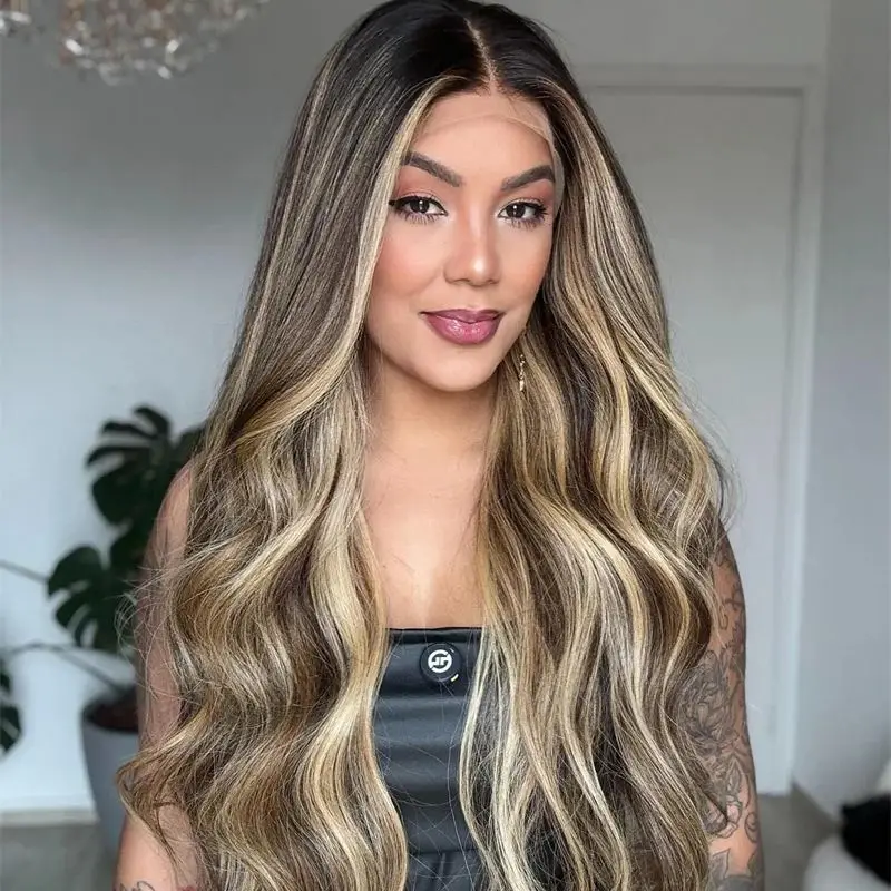 

Парик высокого качества Ombre Коричневый Блондин HD Парик фронта шнурка Синтетический парик фронта шнурка Предварительно выщипанная линия волос с детскими волосами Длинная объемная волна