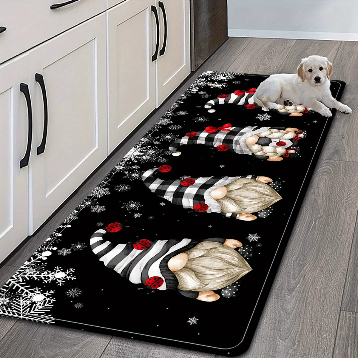 1pc Black‑White Gnome & Santa Printed Bath Mat, Seasonal Home Decor, Cute Aesthetic Room Decoration