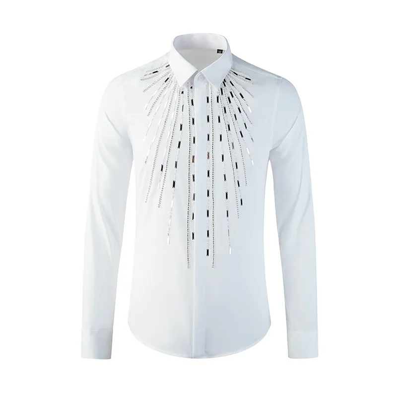 Camisa de costura de folha de metal geométrica artesanal personalidade masculina de mangas compridas camisa de luxo festa social estrela palco chemise homme