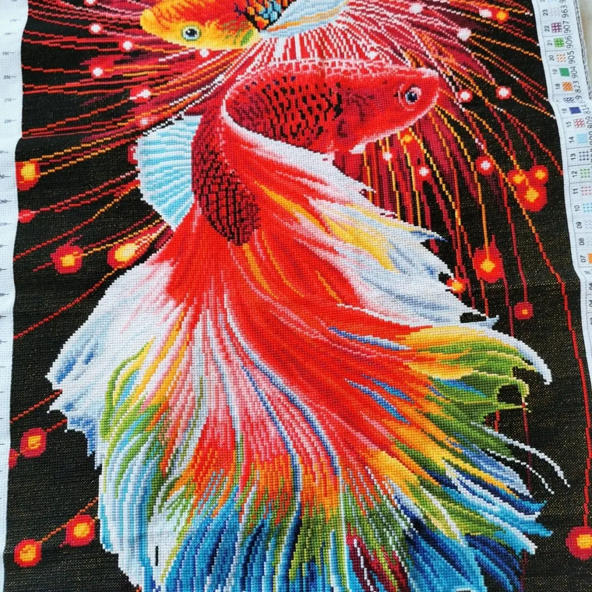 [Pure handmade cross stitch finished product]Flaming Red Carp, Colorful Carp, Painted Heart, 120 * 60 Gateway Restaurant