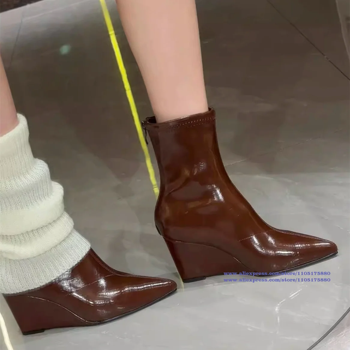 Back Zipper Ankle Boots Women's Pointy Toe Brown/black Leather Wedge Heels Women Shoes Novelty Designer Boots Party Botas Mujer