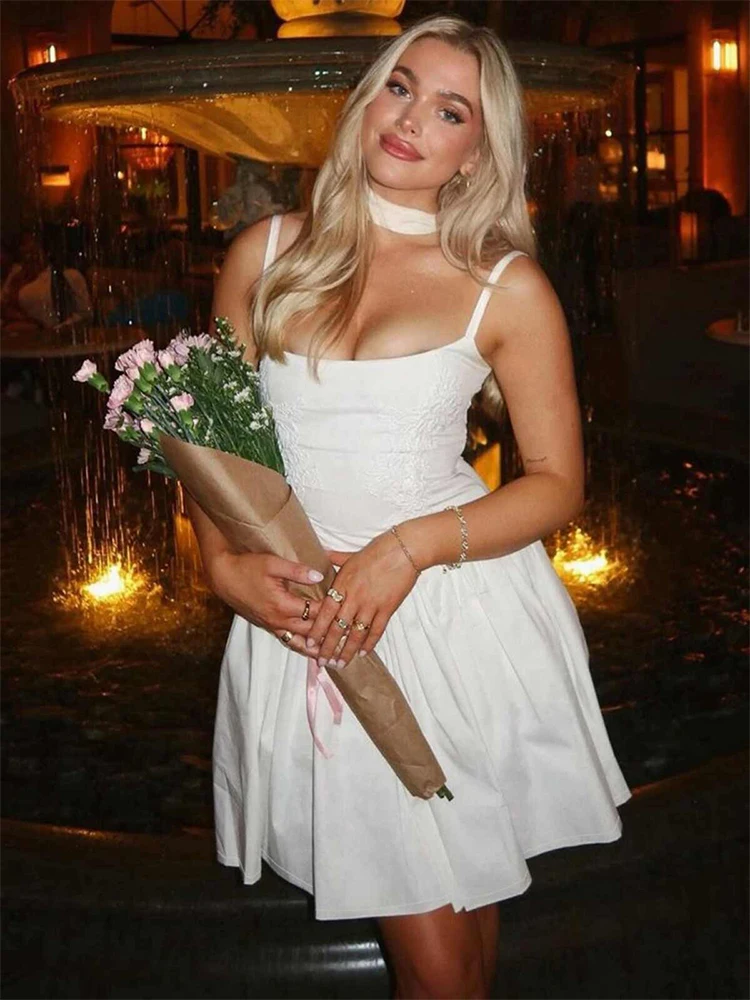 Dames Witte A-lijn Avondjurk Vintage Mouwloze Mini-jurken Y2k Elegant Party Club Eendelige Jurken Jaren 2000 Kleding 2024