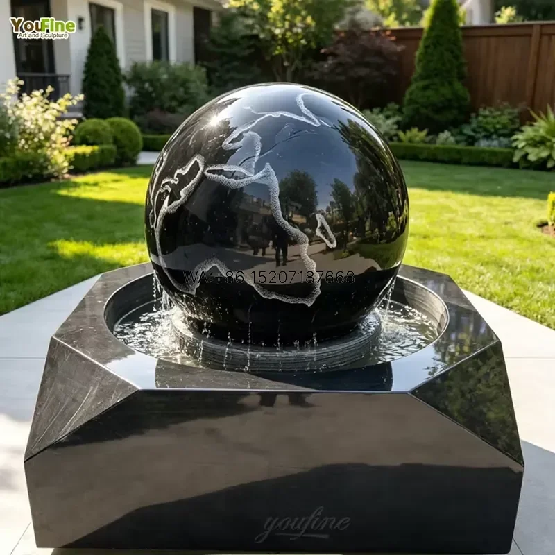 Wmwmnu for YouFine Black Marble Globe Fountain Engraved World Map Large Outdoor Sphere Water Feature Luxury Garden Decor