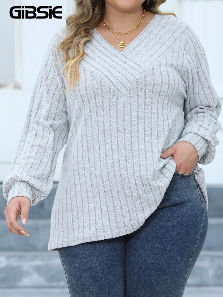 GIBSIE Plus Size Long Sleeve T Shirts for Women Spring Fall Fashion V Neck Solid Ribbed Knit Casual Tee Tops Female 2024 Clothes