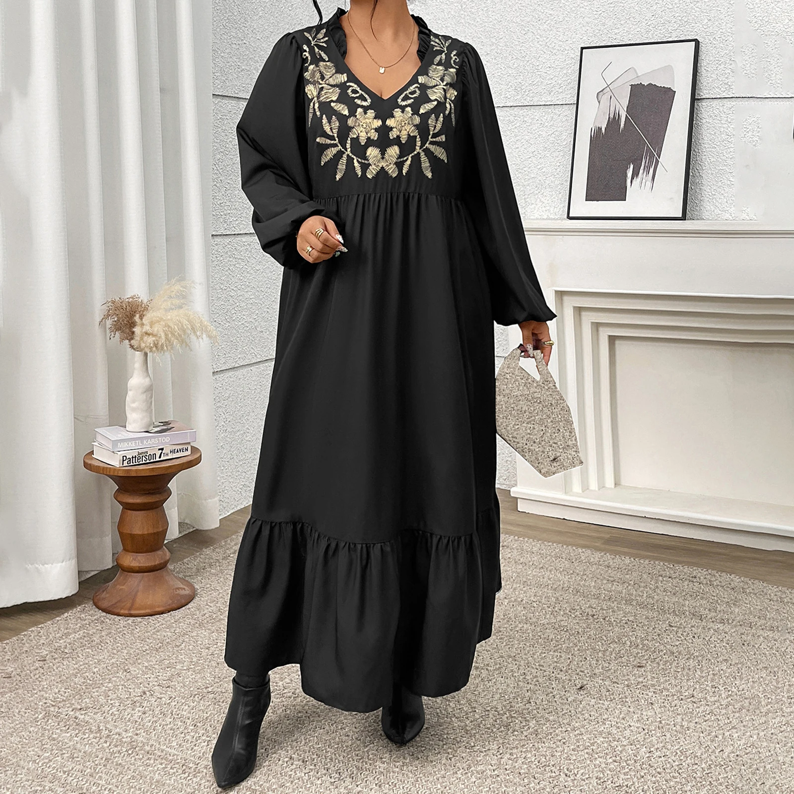 Vestido Floral de talla grande para mujer, vestidos largos holgados informales a la moda con dobladillo con volantes y manga larga, primavera 2026