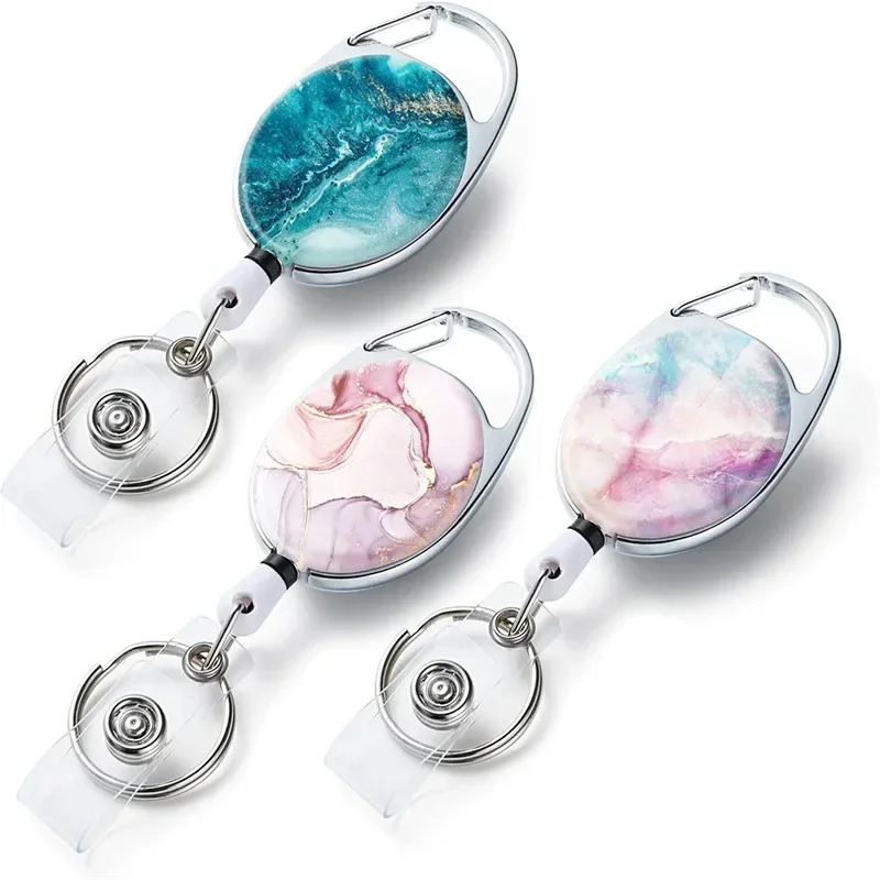 Marbling Badge Reel Oval Easy Pull Badge Reels Keychain Egg Shape Staff Nurse Badge Holder Reel Retractable Work Pass Card Clip