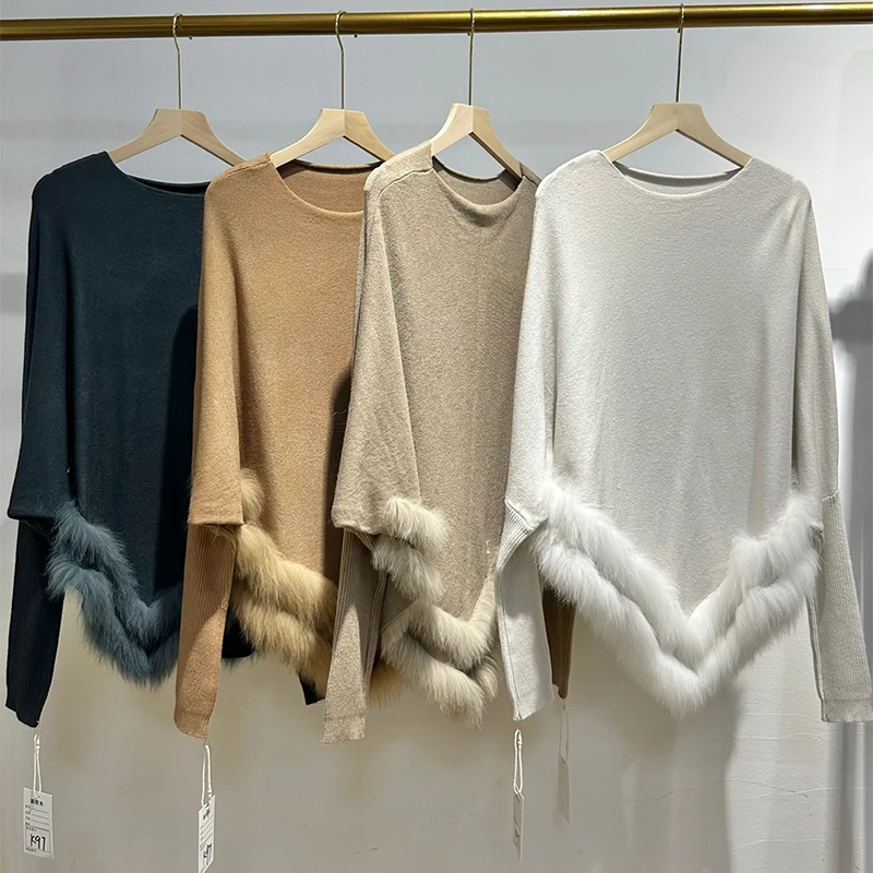 2025年女性用秋の本物のキツネの毛皮ニットオーバーサイズグレーセーターマント本物のキツネの毛皮無地ニットケープ