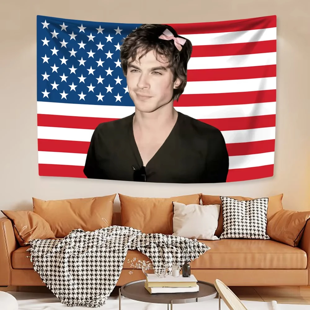 Ian Somerhalders Wandteppich mit amerikanischer Flagge, klassisches TV-Poster, Damon Salvatoreas, Heimdekoration, ästhetischer Schlafzimmer-Hintergrund, Party-Wandteppich