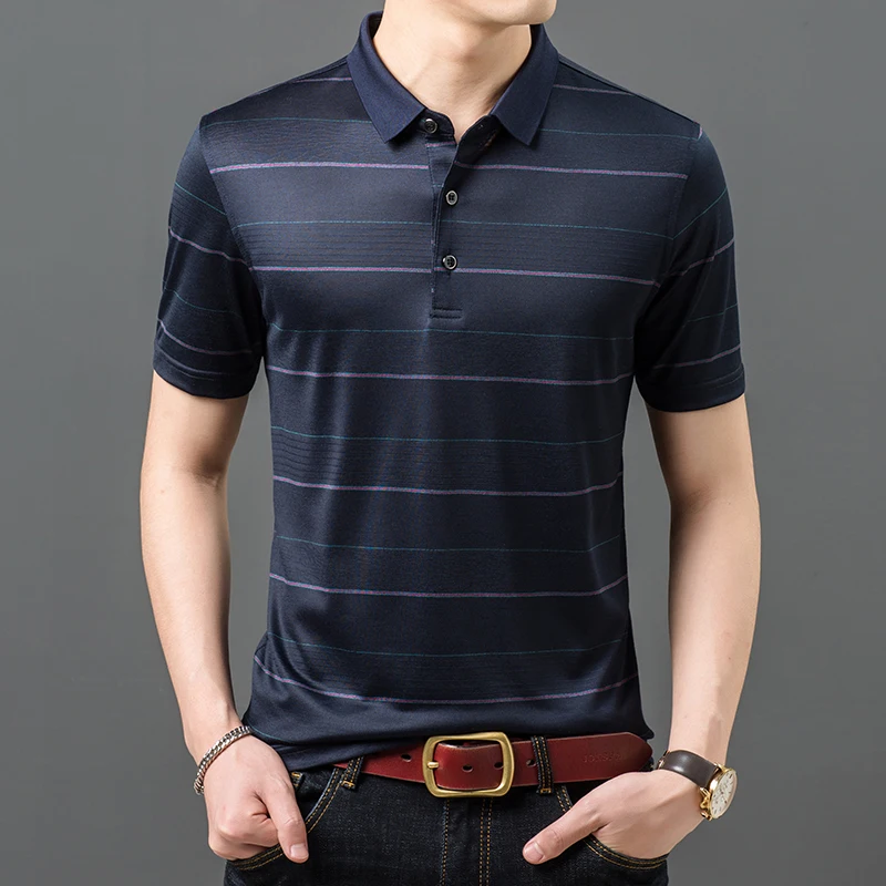 New Summer Golf Men's Polo Shirts Luxury Mulberry Silk Short Sleeve Striped Casual Male T-shirts Soft Silky Man Tees 4XL