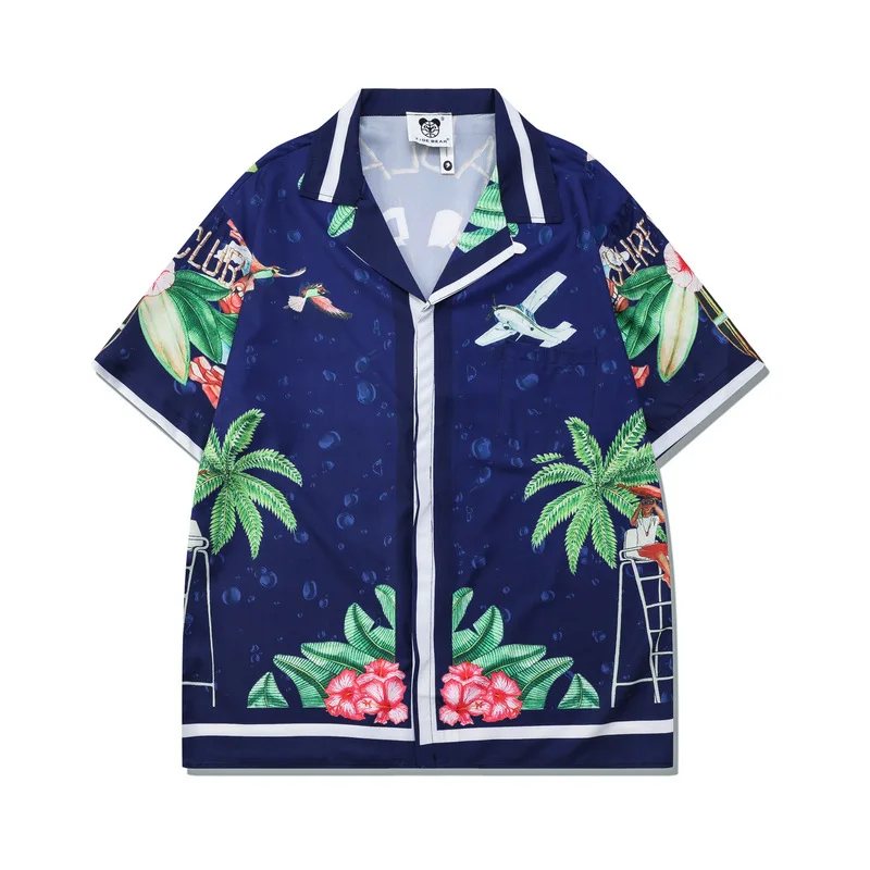 Digital print fashion beach casual shirt European coast vintage loose short-sleeved shirt suit for men