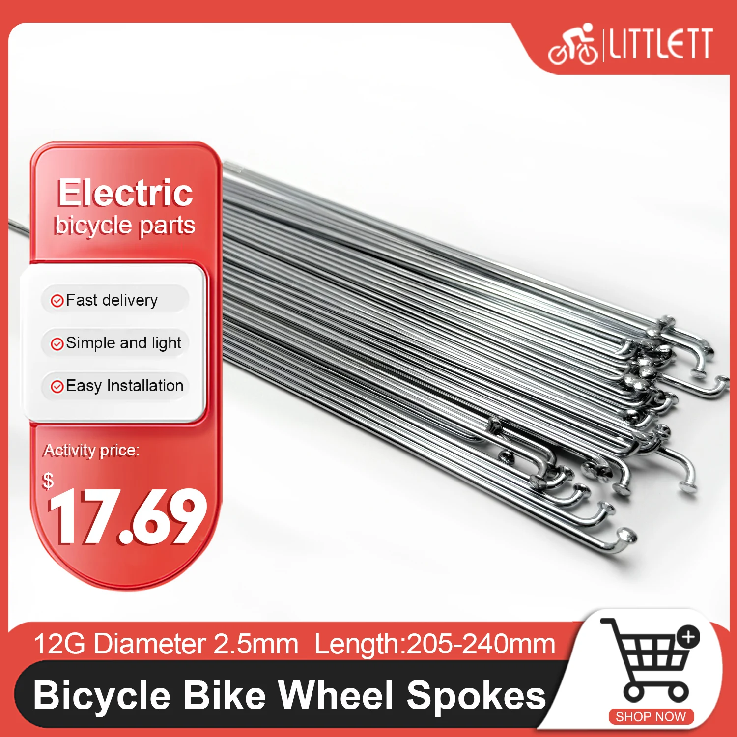 40pcs Bicycle Spokes Bike Wheel Spokes Stainless Steel 12G Diameter 2.5mm Length 205mm-240mm High-Strength Electric Bike Spokes