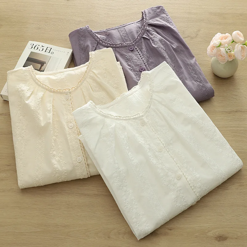 2025 Spring Japanese Mori Girl Embroidery Hollow Out Cotton Shirts Women Solid Color O-Neck Long Sleeve Casual Loose Blouse Tops