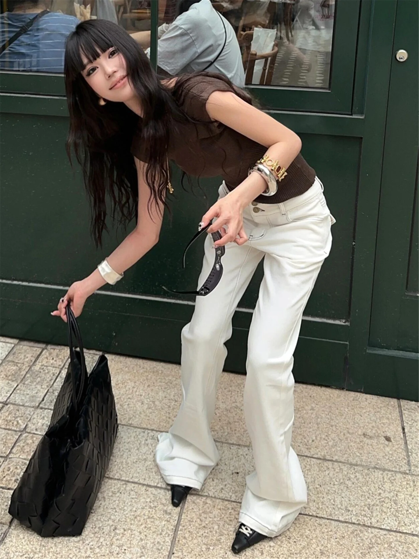 

Удлиненные белые джинсы-клеш в американском уличном стиле с низкой посадкой, женские, с эффектом похудения, длиной в пол, повседневные, из хлопкового денима