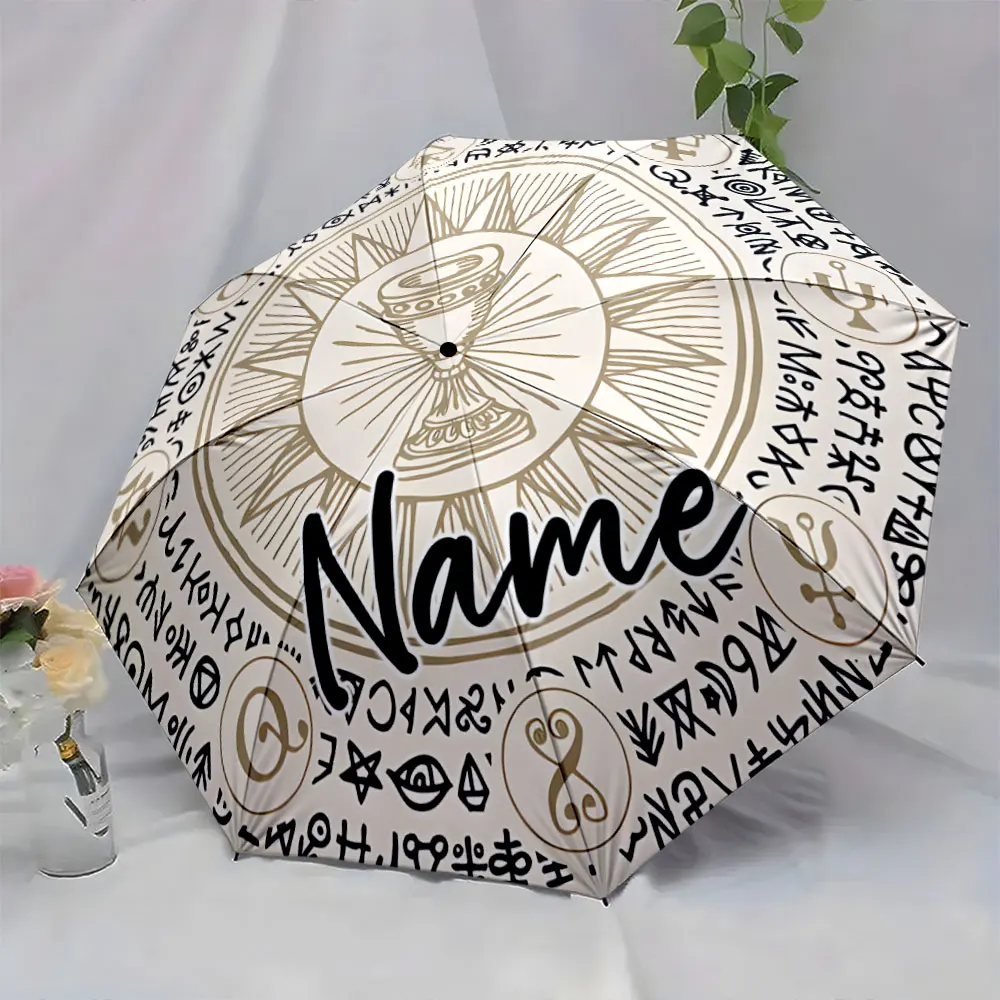Custom Name Unique Umbrella Design with Mystical Symbols in White Print 8 Iron Ribs Folding Umbrella Auto-Open Fashion Sunshade