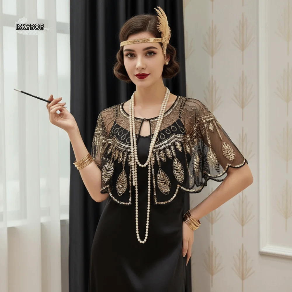

Retro Sequins Poncho Coat Bling Bling Embroidery Sequin Beaded Short Cape Vintage Style 1920s Theme Flapper Shawl