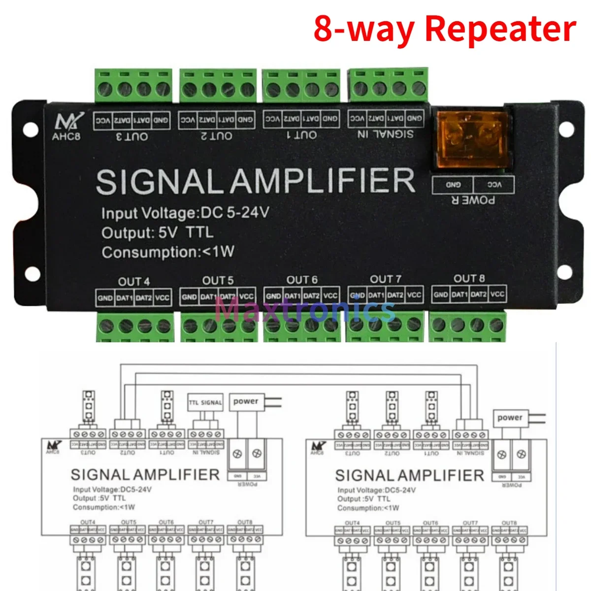 

WS2812B 8CH усилитель светодиодной ленты SPI TTL выход сигнала для WS2811 WS2812 WS2815 WS2813 светодиодная полоса Светодиодная лампа 5 В/12 В/24 В постоянного тока