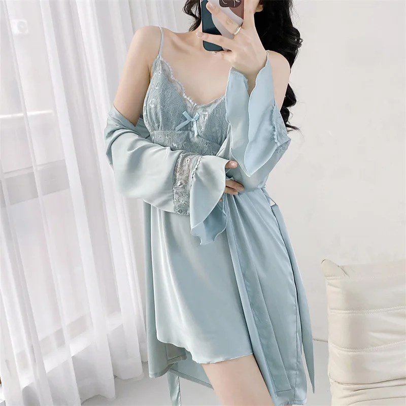 Suspender Nightdress Bathrobe Nighty&Robe Set Sexy Lace Satin Homewear Women Intimate Lingerie Nightwear Spring Summer Sleepwear