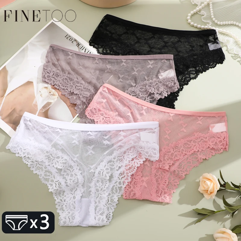 FINETOO 3PCS Women\'s Lace Panties Sexy Perspective Underwear Briefs Female Solid Color Hollow Out Lingerie Floral Intimates S-XL