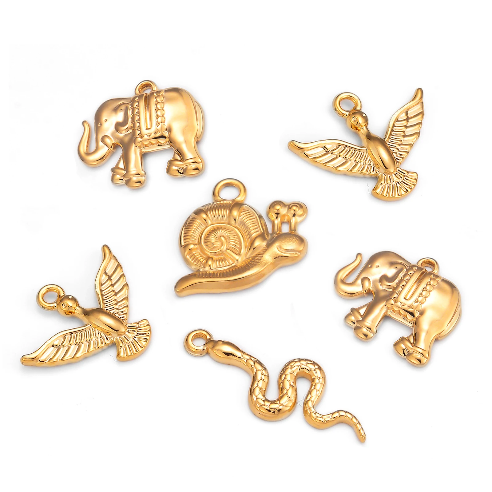 

3Pcs/Lot Waterproof Stainless Steel Gold Color Animals Charms Elephant Bird Snail Snake Charm Pendant For Jewelry Making