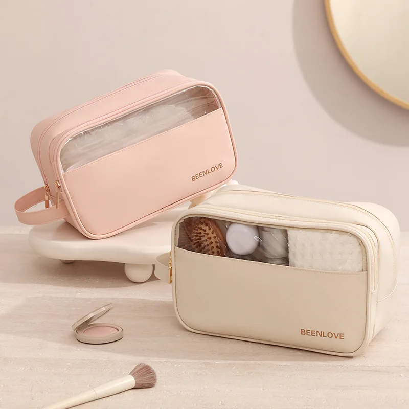 Ladies Makeup Bag PU Leather Waterproof Dry Wet Separation Design Simple Transparent Multi Layer Large Capacity Portable Handbag